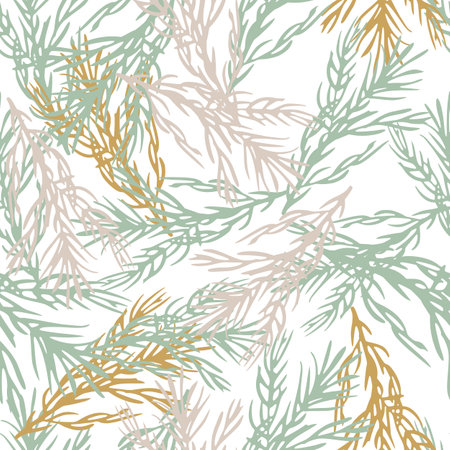Isolated seamless multicolor pattern with blue, purple, orange rosemary branches ornament on white background. Perfect for fabric design, textile print, wrapping, cover. Vector illustration.のイラスト素材