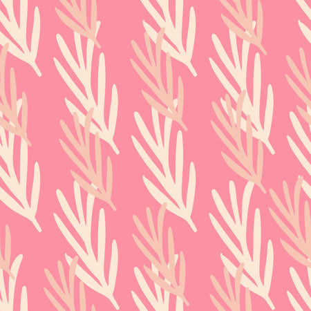 Botanic seamless pattern with simple leaf branches white ornament. Pink bright background. Perfect for fabric design, textile print, wrapping, cover. Vector illustration.のイラスト素材