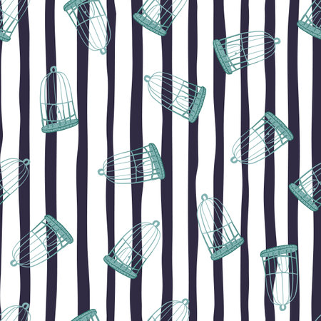 Hand drawn renaissanse blue vintage bird cage ornament. Black and white striped background. Perfect for fabric design, textile print, wrapping, cover. Vector illustration.のイラスト素材