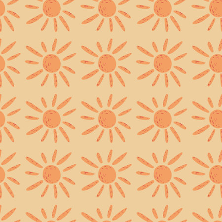 Orange sun silhouettes seamless ethnic pattern. Doodle summer print with light background....