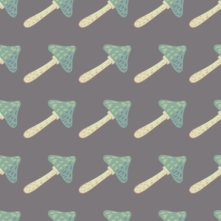 Green colored mushroom doodle print seamless pattern. Pastel pale purple background. Food backdrop. Great for fabric design, textile print, wrapping, cover. Vector illustration.のイラスト素材
