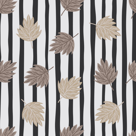 Autumn nature pale seamless pattern with doodle beige colored fall leaves ornament. Striped background. Decorative backdrop for fabric design, textile print, wrapping, cover. Vector illustration.のイラスト素材