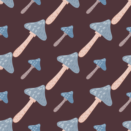 Blue mushroom abstract shapes seamless pattern. Brown background. Simple print. Great for fabric design, textile print, wrapping, cover. Vector illustration.のイラスト素材