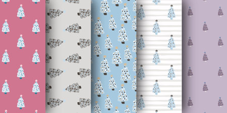 Set of christmas pine tree ornament winter seamless pattern. Decorative fir forest elements collection. Perfect for fabric design, textile print, wrapping, cover. Vector illustration.のイラスト素材
