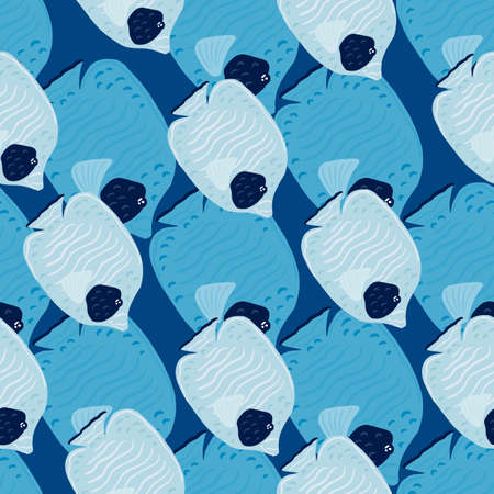 Cartoon seamless pattern in kids style with doodle butterfly fish print. Blue bright aquatic artwork. Decorative backdrop for fabric design, textile print, wrapping, cover. Vector illustration.のイラスト素材