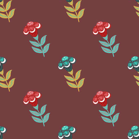 Bloom seamless pattern with blue and pink colored flower silhouettes. Pale maroon background. Simple design. Designed for fabric design, textile print, wrapping, cover. Vector illustrationのイラスト素材