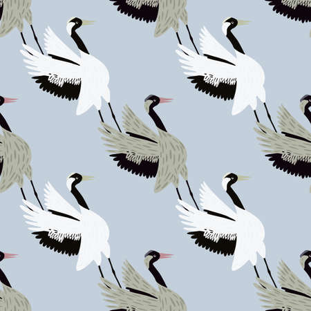 Cartoon animal seamless pattern with hand drawn crane bird print. Light blue background. Chinese...