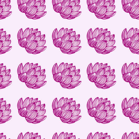 Isolated seamless pattern with pink contoured lotus flower shapes. White background. Floral backdrop. Decorative backdrop for fabric design, textile print, wrapping, cover. Vector illustrationのイラスト素材