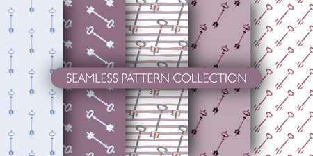 Set of seamless hand drawn pattern with vintage keys silhouettes. Designed for wallpaper, textile, wrapping paper, fabric print. Vector illustration.のイラスト素材