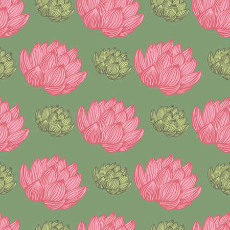 Contrast seamless pattern with pink lotus elements print. Green background. Nature summer bloom artwork. Decorative backdrop for fabric design, textile print, wrapping, cover. Vector illustrationのイラスト素材