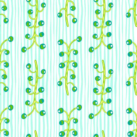 Abstract botanic seamless pattern with blue and green colored berry branches shapes. Striped background. Designed for fabric design, textile print, wrapping, cover. Vector illustrationのイラスト素材