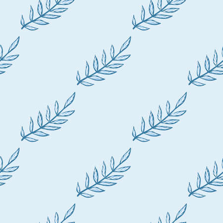 Seamless pastel tones seamless pattern with blue outline leaves branches ornament. Pastel light...