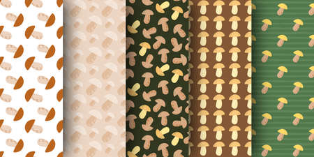 Set of autumns seamless stylized pattern with mushrooms ornament. Simple nature backdrop collection. Decorative backdrop for wallpaper, textile, wrapping paper, fabric print. Vector illustration.のイラスト素材
