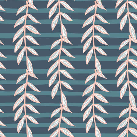 Scrapbook seamless pattern with light leaves branches doodle ornament. Navy blue striped background....