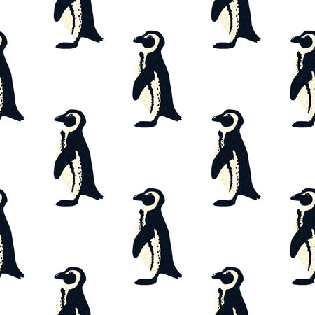 Isolated seamless arctic animal pattern with cute penguin silhouettes. White background. Simple design. Graphic design for wrapping paper and fabric textures. Vector Illustration.のイラスト素材