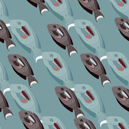 Cartoon abstract ocean fauna seamless pattern with doodle surgeon fish print. Blue and brown pastel tones. Decorative backdrop for fabric design, textile print, wrapping, cover. Vector illustrationのイラスト素材