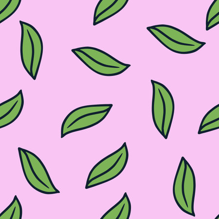 Abstract botanic seamless doodle pattern with outline simple green leaves ornament. Pink background. Designed for fabric design, textile print, wrapping, cover. Vector illustration.のイラスト素材
