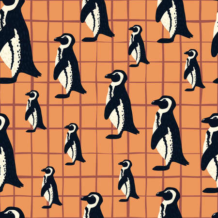 Decorative seamless pattern with random penguin elements print. Orange checkered background. Animal artwork. Graphic design for wrapping paper and fabric textures. Vector Illustration.のイラスト素材