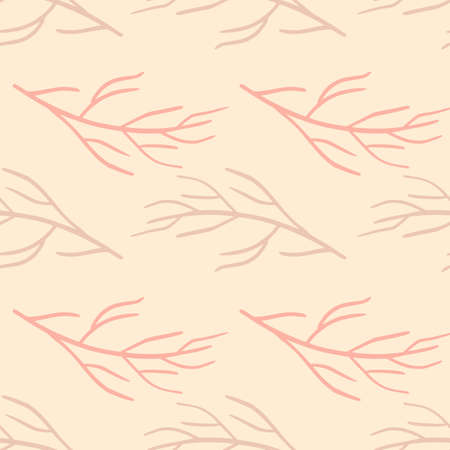 Pastel tones seamless botanic pattern with simple branches silhouettes print. Pink light palette backdrop. Decorative backdrop for fabric design, textile print, wrapping, cover. Vector illustration.のイラスト素材