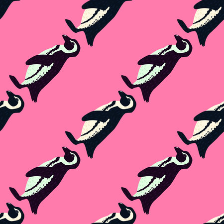 Bright cartoon seamless pattern with hand drawn penguins silhouettes. Pink background. Animal print.のイラスト素材