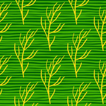 Yellow branches shapes ornament seamless doodle pattern. Bright green striped background. Simple design.のイラスト素材