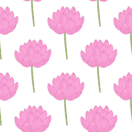 Isolated seamless pattern with simple pink lotus flower silhouettes print. White background. Asian flora backdrop. Great for fabric design, textile print, wrapping, cover. Vector illustration.のイラスト素材