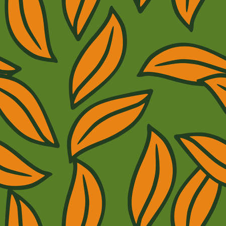 Nature seamless bright pattern with orange leaves random print. Green background. Scrapbook botany ornament. Designed for fabric design, textile print, wrapping, cover. Vector illustration.のイラスト素材