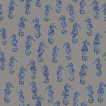 Dark seamless pattern with navu blue little sea horse elements shapes. Gray background. Aqua backdrop. Designed for fabric design, textile print, wrapping, cover. Vector illustration.のイラスト素材
