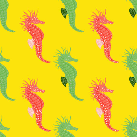 Nature seamless pattern with green and pink colored seahorse ornament. Yellow background. Decorative backdrop for fabric design, textile print, wrapping, cover. Vector illustration.のイラスト素材