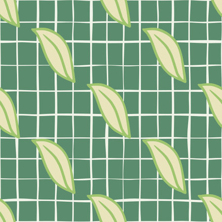 Natural seamless pattern with decorative botanic leaf ornament. Light turquoise background with check. Designed for fabric design, textile print, wrapping, cover. Vector illustration.のイラスト素材