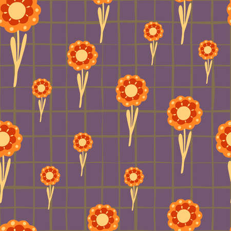Creative nature seamless pattern with random orange folk flowers ornament. Purple checkered background. Designed for fabric design, textile print, wrapping, cover. Vector illustration.のイラスト素材