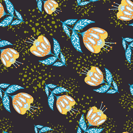 Folk flowers seamless doodle pattern with random yellow floral ornament. Dark navy blue background with splashes.のイラスト素材