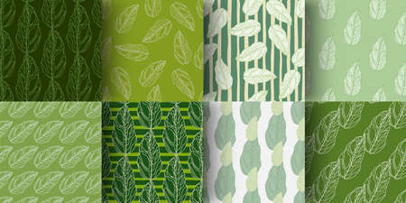 Set of seamless doodle pattern with organic outline leaves elements.のイラスト素材