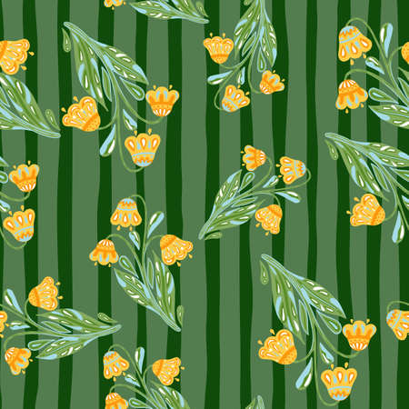 Doodle nature seamless pattern with orange flowers bouquet random print. Green striped background.