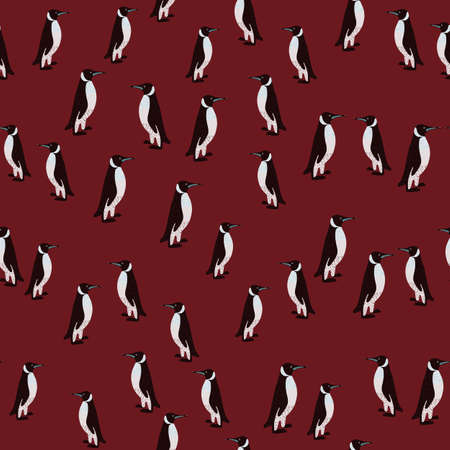 Abstract exotic animal seamless pattern with black and white colored penguins ornament. Maroon background. Decorative print for fabric design, textile print, wrapping, cover. Vector illustration.のイラスト素材