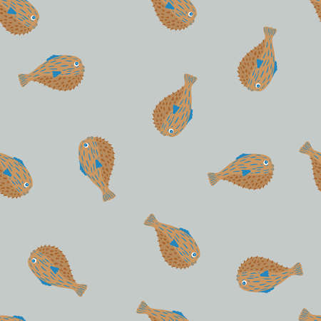 Minimalistic seamless pattern with random brown puffer fish silhouettes print. Pastel blue background. Perfect for fabric design, textile print, wrapping, cover. Vector illustration.のイラスト素材