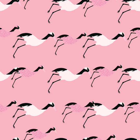 Nature animal seamless pattern with whie crane bird elements. Pink background. Bright colors. Perfect for fabric design, textile print, wrapping, cover. Vector illustration.のイラスト素材