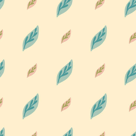 Bloom seamless pattern with blue and beige colored leaves ornament. Light pink background. Doodle...