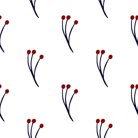 Isolated seamless pattern with minimalistic red berry branches doodle print. White background. Decorative backdrop for fabric design, textile print, wrapping, cover. Vector illustration.のイラスト素材