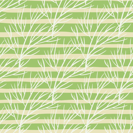 White contoured minimalistic tree branches silhouettes seamless pattern. Light green striped background. Perfect for fabric design, textile print, wrapping, cover. Vector illustration.のイラスト素材
