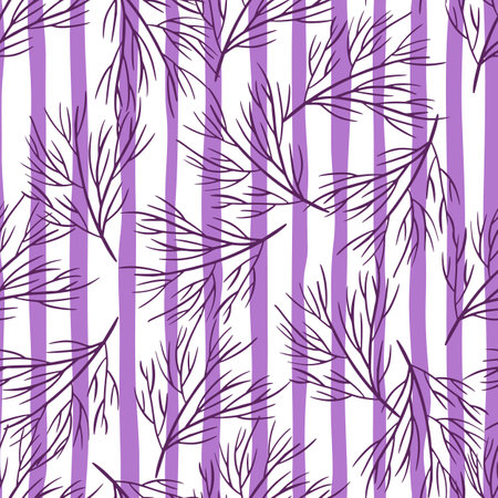 Random seamless doodle pattern with contoured purple tree branches ornament. Striped purple background. Perfect for fabric design, textile print, wrapping, cover. Vector illustration.のイラスト素材