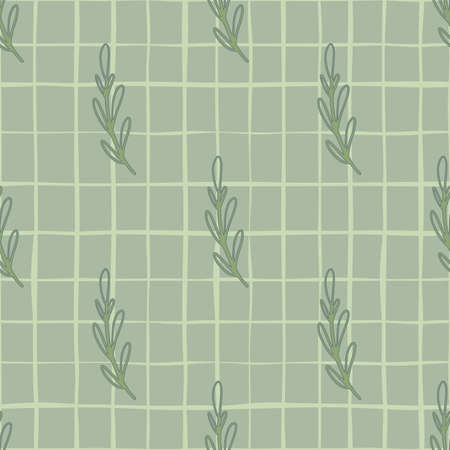Simple scrapbook botanic branches seamless outline pattern. Gray tones artwork with checkered background. Perfect for fabric design, textile print, wrapping, cover. Vector illustration.のイラスト素材