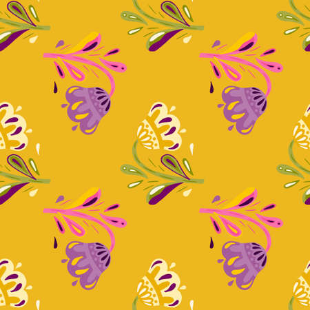 Purple and pink folk flower ornament seamless pattern. Nature print with orange bright background....