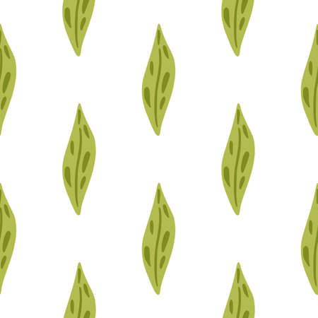 Isolated botanic seamless pattern with simple doodle green leaf ornament. White background. Simple style. Decorative backdrop for fabric design, textile print, wrapping, cover. Vector illustration.のイラスト素材