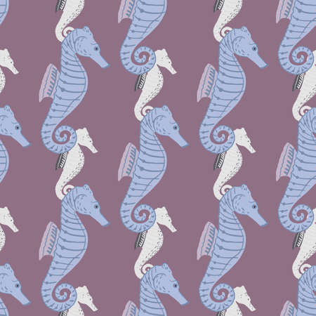 Creative ocean fauna seamless pattern with simple blue seahorse silhouettes. Pale puple background. Designed for fabric design, textile print, wrapping, cover. Vector illustration.のイラスト素材