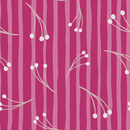 Blossom seamless pattern with random branches berry ornament. Pink striped background. Spring print. Decorative backdrop for fabric design, textile print, wrapping, cover. Vector illustration.のイラスト素材