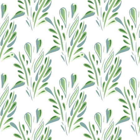 Isolated seamless pattern with green colored abstract foliage print. White background. Botanic backdrop. Perfect for fabric design, textile print, wrapping, cover. Vector illustration.のイラスト素材