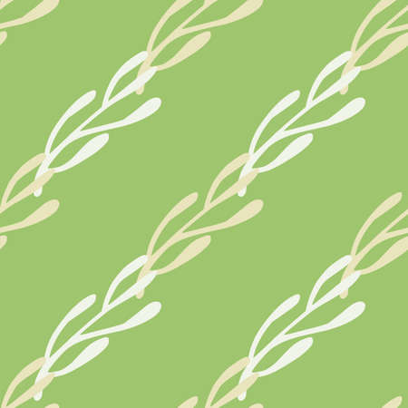 Bloom seamless pattern with herbal light gray branches ornament. Light green background. Doodle print. Great for fabric design, textile print, wrapping, cover. Vector illustration.のイラスト素材