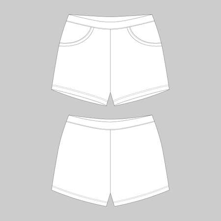 Technical sketch sport shorts pants design template. Elastic sleepwear shorts. CAD mockup. Back and front view. Design for packaging, fashion catalog. Fashion vector illustration on gray background.のイラスト素材