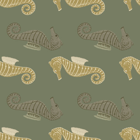 Aquatic pale seamless pattern with beige and rey colored seahorse elements. Marine exotic animal backdrop. Designed for fabric design, textile print, wrapping, cover. Vector illustration.のイラスト素材